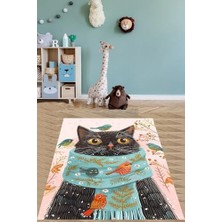 Trendexa Atkılı Kedi ve Serçe Kuşları Desenli Yıkanabilir Kaymaz Taban Leke Tutmaz Çocuk Odası Halısı, 40 x 40