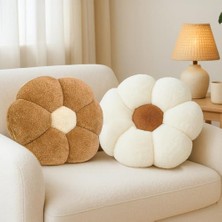 Trendexa Kahverengi-Krem 2'li Yumuşak Peluş Papatya Yastık Seti