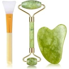 Trendexa 3'lü Cilt Bakım Seti Yeşim Taşı + Gua Sha Masaj Taşı + Maske Sürme Aparatı Beyaz