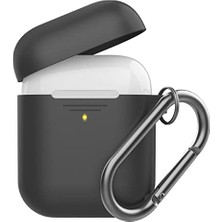 Trendexa Airpods 1–2 Nesil Uyumlu Silikon Kılıf Mat Yumuşak Doku Darbe Emici Karabinalı Kemer Klipsli Kablosuz Şarj Destekli Siyah