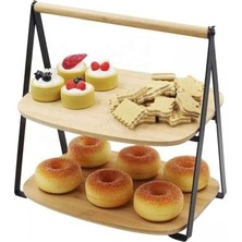 Trendexa Sunum Seti; 2 Katlı Dikdörtgen Bambu Servis Büyük Boy, Kuru Pasta, Kurabiye ve Kek Sunumları Için Büyük Boy (34 Cm-26.5 Cm-16 Cm)