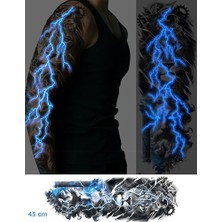Trendexa Neon Mavi Şimşekli Zeus ve Aslan Dövmesi, 45 Cm, Yarı Kalıcı Tam Kol