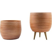 Trendexa Yan Çizgi Desenli Terrakota Toprak Saksı ve Saksılık, Salon Çiçekliği, Ikili Set, Ayaksız ve 3 Ayaklı, 15 cm
