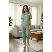 MTM My The Mall Özel Tasarım Kadın Yeşil Polo Yaka Pijama Takımı %100 Pamuk