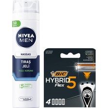 Tr Men Hassas Tıraş Jeli 200 ml + Bıc Hybrid 5 Flex 4'lü Yedek Tıraş Bıçağı Kartuşu (5 Bı
