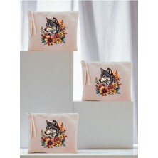 Trendexa Çiçekli Kurt Baskılı 3'lü Makyaj Çantası 20X25 cm Kadın Doğum Günü Hediyesi LH92374028523512312