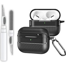 Trendexa Kulaklık, Airpods Pro 3. Nesil Uyumlu Karbon Fiber Hybrid Polymer Technology Premium Kılıfı ve 3'ü 1 Arada Bluetooth Kulaklık Temizleme Kalemi Seti (Siyah)