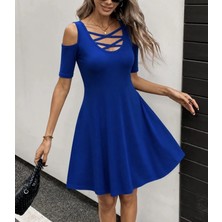 Defy Moda Kadın Omuz Dekolte Çapraz Bağcık Detay Viskon Elbise