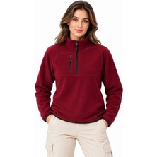 Defy Moda Polar Dik Yaka Yarım Fermuarlı Fermuarlı Göğüs Cepli Regular Fit Kışlık Sweatshirt - Bordo