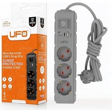 Trendexa Yeni 3'lü Akım Korumalı Grup Priz, 1,5 Metre Bakır Kablolu, 5V 2,4A USB ve Type-C ile Şarj, Anahtarlı Topraklı Priz, Sürekli Koruma, 16A 250V, Max 3500W, 1,5m, Gri