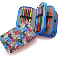 Tr Rengarenk Kediler Kalem Kutusu Organizer Kalemkutu Vegan Deri Üç Bölmeli Kalemlik - Mavi