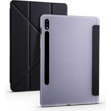 Trendexa Galaxy Tab S7 Plus T970 ile Uyumlu Tri Folding Kalem Bölmeli Standlı Kılıf, Siyah-Beyaz 1