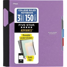 Trendexa Advance Spiral Defter ve Çalışma Uygulaması, 3 Konu, Kolej Çizgili Kağıt, 8-1/2 "x 11", 150 Yaprak, Spiral Koruma, Hareketli Sekmeli Bölücüler ve Cepler, Ametist Mor (820060G)