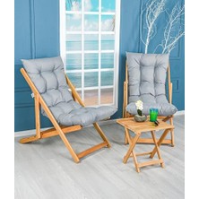 Trendexa 3'lü Gri Minderli Bahçe Seti, 2 Katlanabilir Şezlong ve Sehpa, 85X55X80 cm