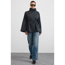 Olcay Degaje Yaka Oversize Kareli Bluz Antrasit 9839