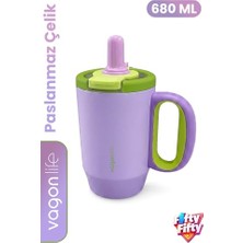 Trendexa 680 ml Tek Kapaklı, Çift Kullanımlı Pipetli Paslanmaz Çelik Termos Mug, Kulplu, FFVGN1113-680 Ml, Mor