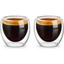 Trendexa Çift Katmanlı Espresso Cam Bardak Seti 2'li 80 Ml, Borosilikat Cam, Isı Yalıtımlı Double Wall Tasarım, Şeffaf