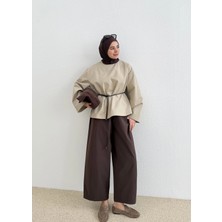 Moda Aksa 9253 DERİ KEMERLİ PAMUK GABARDİN BLUZ TAŞ