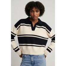 Soft & Basic Polo Yaka Triko Çizgili Comfort Kalıp Sweatshirt