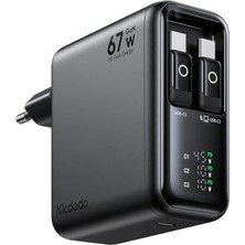 Trendexa CH-8640 Freego Pro 67W Gan Usb-C Şarj Adaptörü, Akıllı LED Güç Ekranı, 2 x 80 cm Geri Çekilebilir Ledli Usb-C Kablo ve Ek Usb-C Port, Siyah
