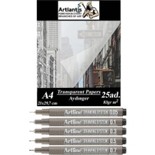 Trendexa Aydınger Kağıdı A4 83 G 25'li 1 Paket Eskiz Kağıdı Artline Teknik Çizim Kalemi Drawing System 5 Adet