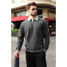 Madmext Antrasit Şerit Detaylı Polo Yaka Erkek Sweatshirt E7212