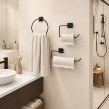 Trendexa 3'lü Siyah Banyo Seti; Yapışkanlı ve Vidalı Montajlı Havluluk, Tuvalet Kağıtlığı, Yuvarlak Havluluk ve Kağıt Havluluk Seti