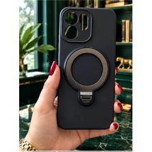 TechnoCase Oppo Reno 14F Ile Uyumlu 360 Derece Dönebilen Kalın Metal Magsafe Halka Stantlı Içi Kadife Korumalı Ultra Lüx Premium Silikon Kılıf