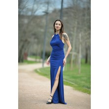 Butik Halter Yaka Zincirli Uzun Abiye Elbise
