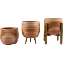 Trendexa Ev Dekorasyon Yan Çizgi Desenli Toprak Saksı, Üçlü Set - 19 cm