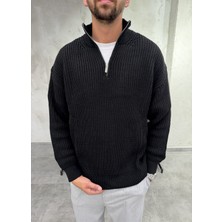 Difransel Jeans Yaka Fermuarlı Boxy Fit Dokulu Siyah Kazak