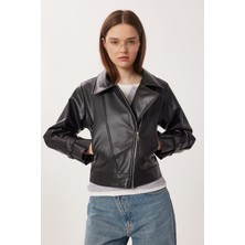 Happiness İstanbul Suni Deri Biker Ceket LAX0007 Siyah
