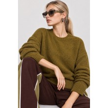 Happiness İstanbul Yün Karışımlı Oversize Triko Kazak 4270 LKİ0062 Yağ Yeşili