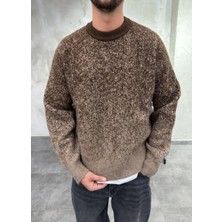 Difransel Jeans Kontrast Renk Geçişli Bisiklet Yaka Kahve Kazak