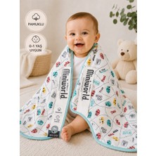 Miniworld Mavi Araba Desenli Pamuklu Çift Kat Yumuşak Kumaş Günlük Kullanıma Uygun Empirme Unisex Yenidoğan Bebek Battaniyesi 0-1 Yaş