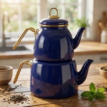 Trendexa Çaydanlık; Içten Kaplamalı Emaye Takımı, Gold Detaylı Nostaljik Alt Üst Çay Seti (1.2 L + 2 L), 3 Renk Seçeneği (Mavi)