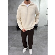 Difransel Jeans Yarım Fermuar Ters Örgü Ekru Kazak