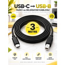 Usb-C To Usb-B 3 Metre Yazıcı Kablosu Type-C Prınter Bağlantı ve Veri Aktarım Kablosu