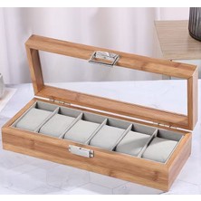 Muzeko Ahşap 6 Bölmeli Saat Kutusu Cam Kapaklı Saat Düzenleme Organizer Bej MZK38