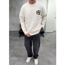 Difransel Jeans Est Yazılı Bisiklet Yaka Ekru Kazak