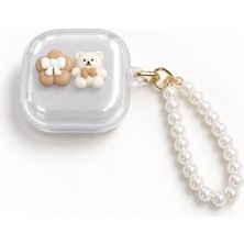 Mi7a Galaxy Buds 4 Pro Uyumlu Ayıcık ve Çiçek Figürlü Inci Boncuk Askılı Şeffaf Koruyucu Kılıf