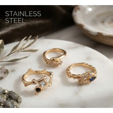Stainless Steel Pirinç Gold Renk Asimetrik Ayarlanabilir 3'lü Tasarım Yüzük Set