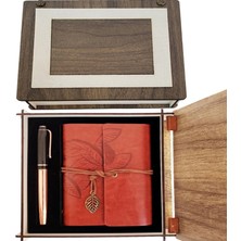 Pileli Store Özel Ahşap Kutulu Kahve Deri Defter ve Bakır Roller Kalem Set