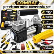Combat Pro Model 12V Çift Piston Turbo Oto Hava Kompresörü Seti 85 L/dk Led’li Bar Göstergeli Akü ve Çakmaklık Uyumlu 150 Psi