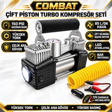 Combat Pro Model 12V Çift Piston Turbo Oto Hava Kompresörü 85 L/dk Led’li Bar Göstergeli Akü ve Çakmaklık Uyumlu 150 Psi