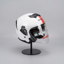 Scharf 528 Şeffaf Vizörlü Yarım Motosiklet Kaskı - Güneş Camlı Açık Kask (Whıte Y2RED)