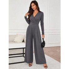 Meride Fashion Kadın Uzun Kollu Kruvaze Önden Pileli Yakalı Uzun Janjan TULUM-87319 Gri