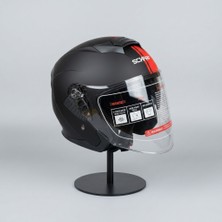 Scharf 528 Şeffaf Vizörlü Yarım Motosiklet Kaskı - Güneş Camlı Açık Kask (Mblack Y2RED)