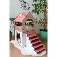 St. Morritz Dekoratif Ahşap Kedi Evi Teraslı 2 Katlı Merdivenli Kedi Evi Pembe - Beyaz