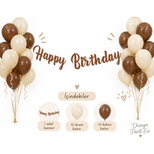 Dizayn Parti Evi Happy Birthday Doğum Günü Süsleme Seti – Kahve Krem Balonlu 20 Parça Balon ve Banner Seti